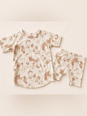 Jax & Lennon Neutral Abstract Brushstroke Lounge Set / Pyjamas / Natural fibres